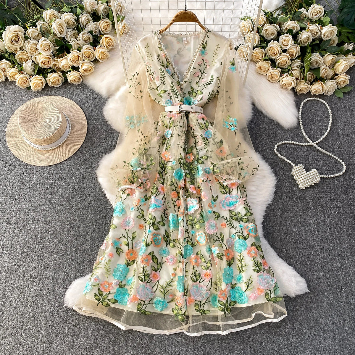 Embroidered Mesh Long Sleeve Evening Dress