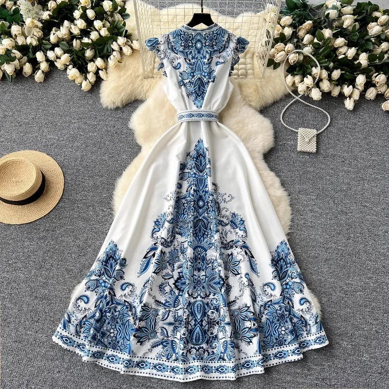 Print Flutter Sleeve V-Neck Long Dress