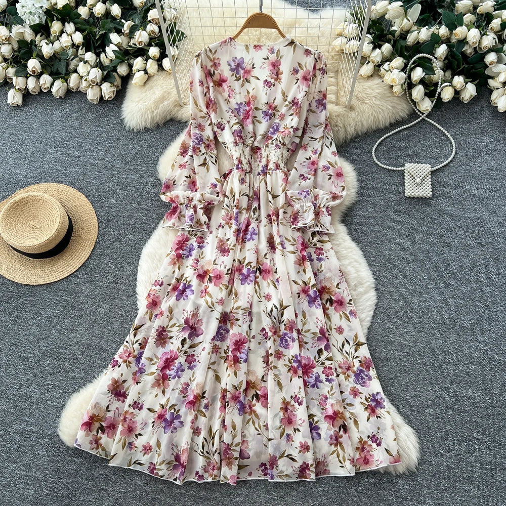 Print Chiffon V-Neck Fitted Maxi Dress