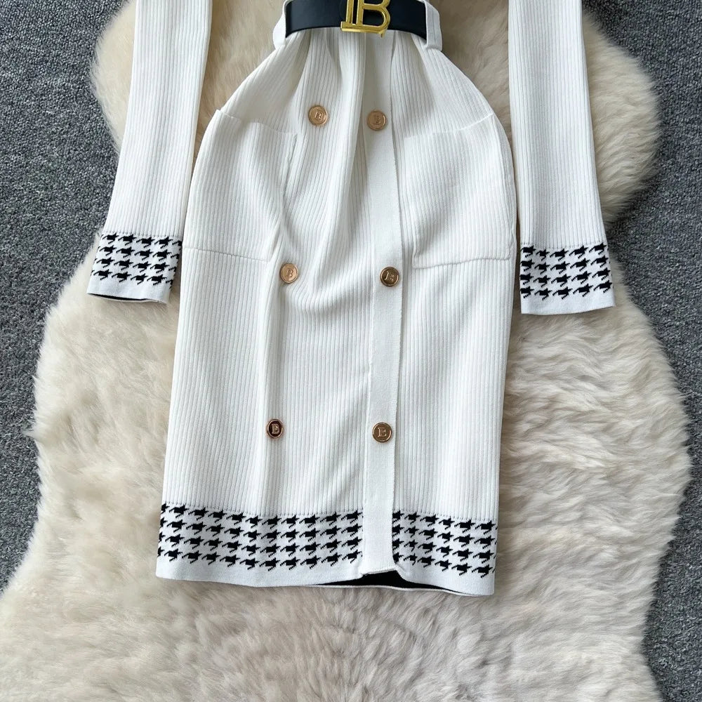 White Double-Breasted V-Neck Sweater Dress