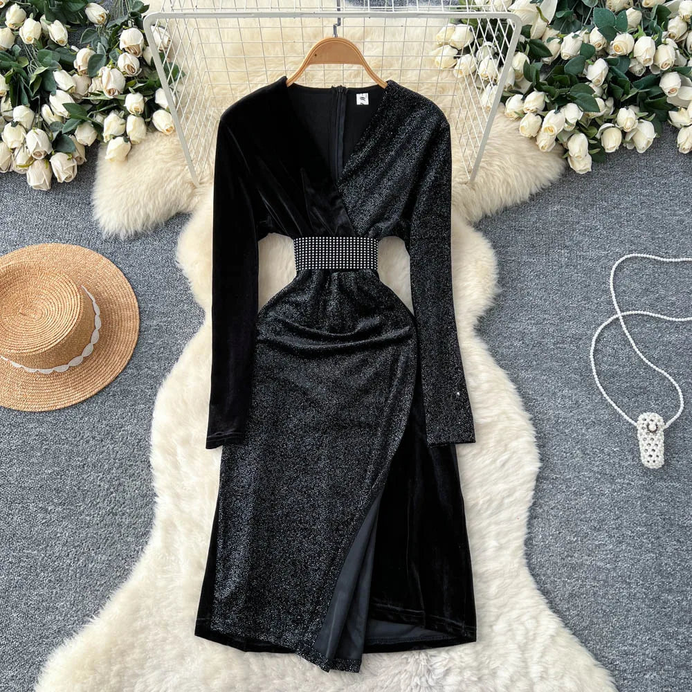 Velvet Paneled Long Sleeve Party Dress
