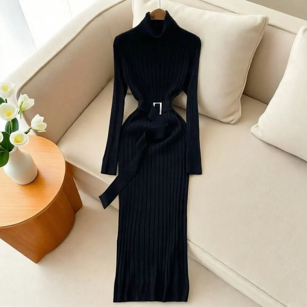 Black Lace-Up Turtleneck Knit Maxi Dress