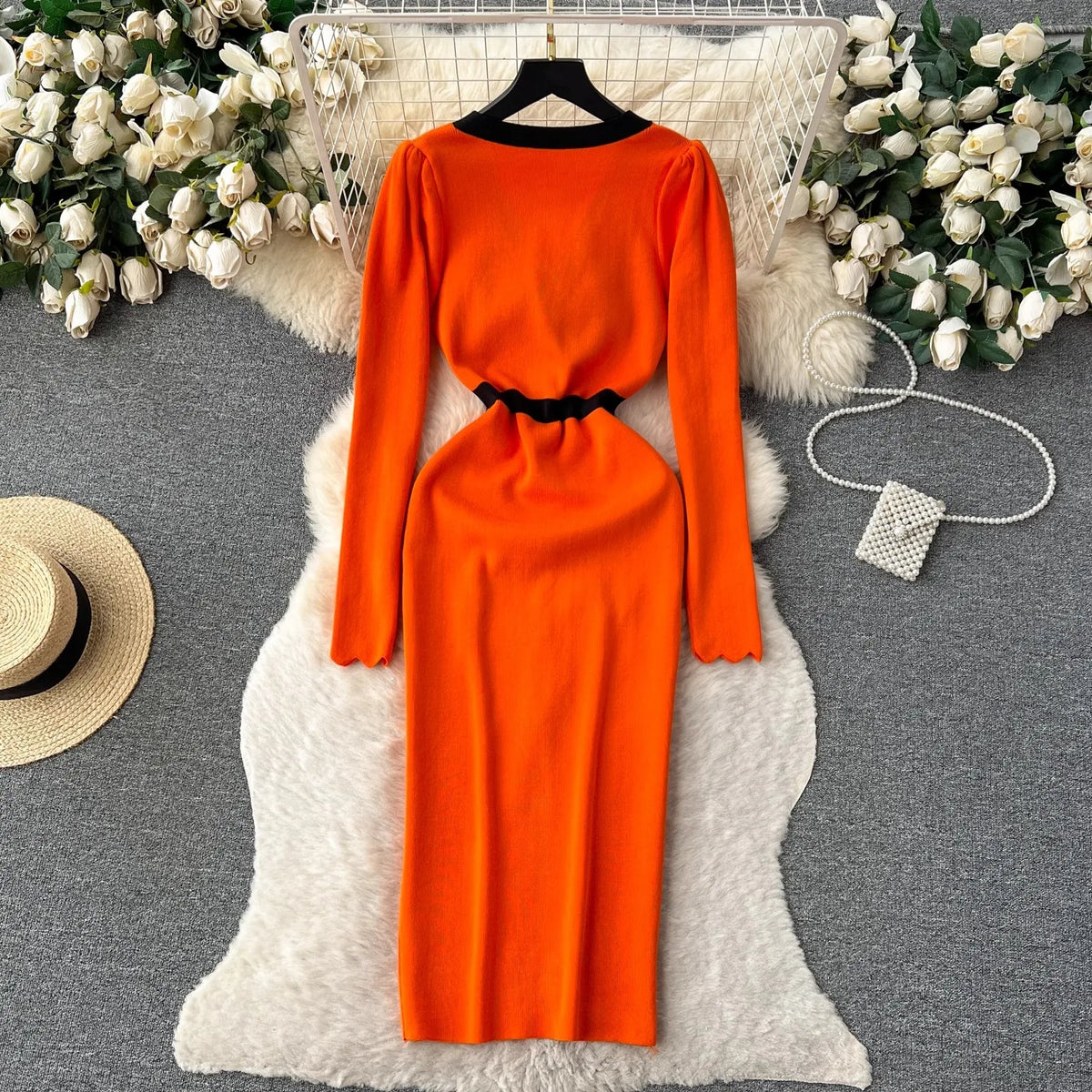 V-Neck Bow Front Slit Bodycon Dress