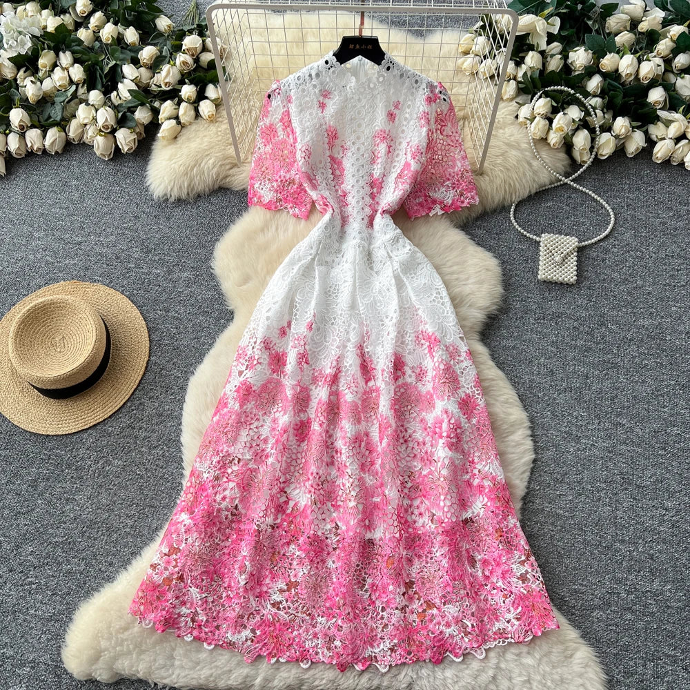 Lace Short Sleeve Long Dress