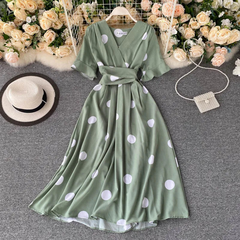 Polka Dot Tie Waist V-Neck Dress