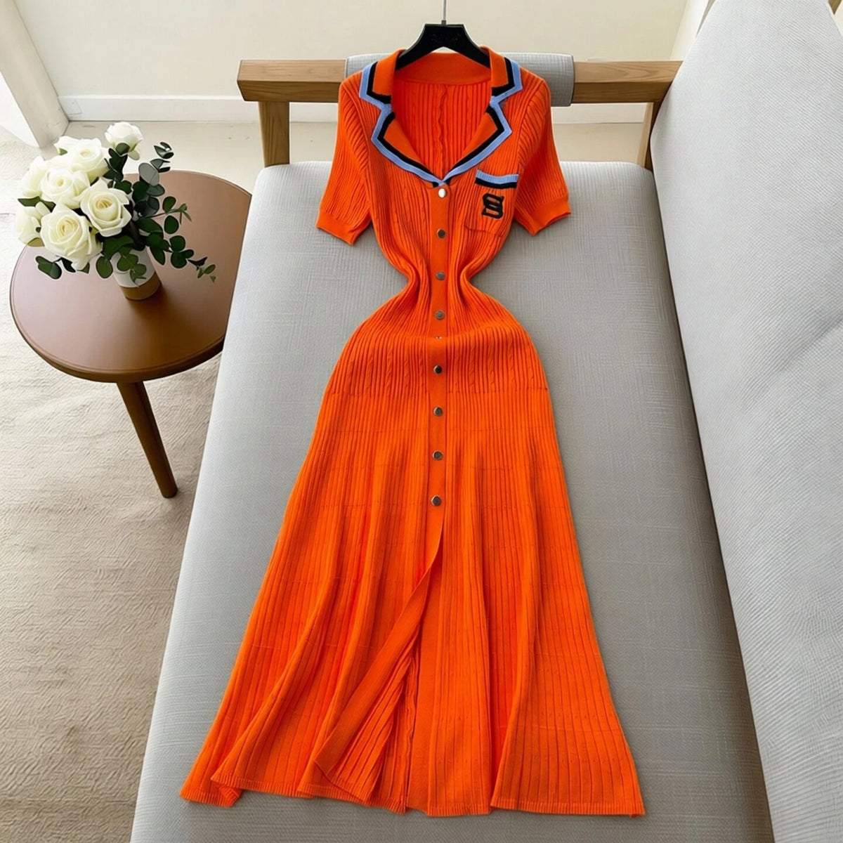 Embroidered Short Sleeve Knit Maxi Dress