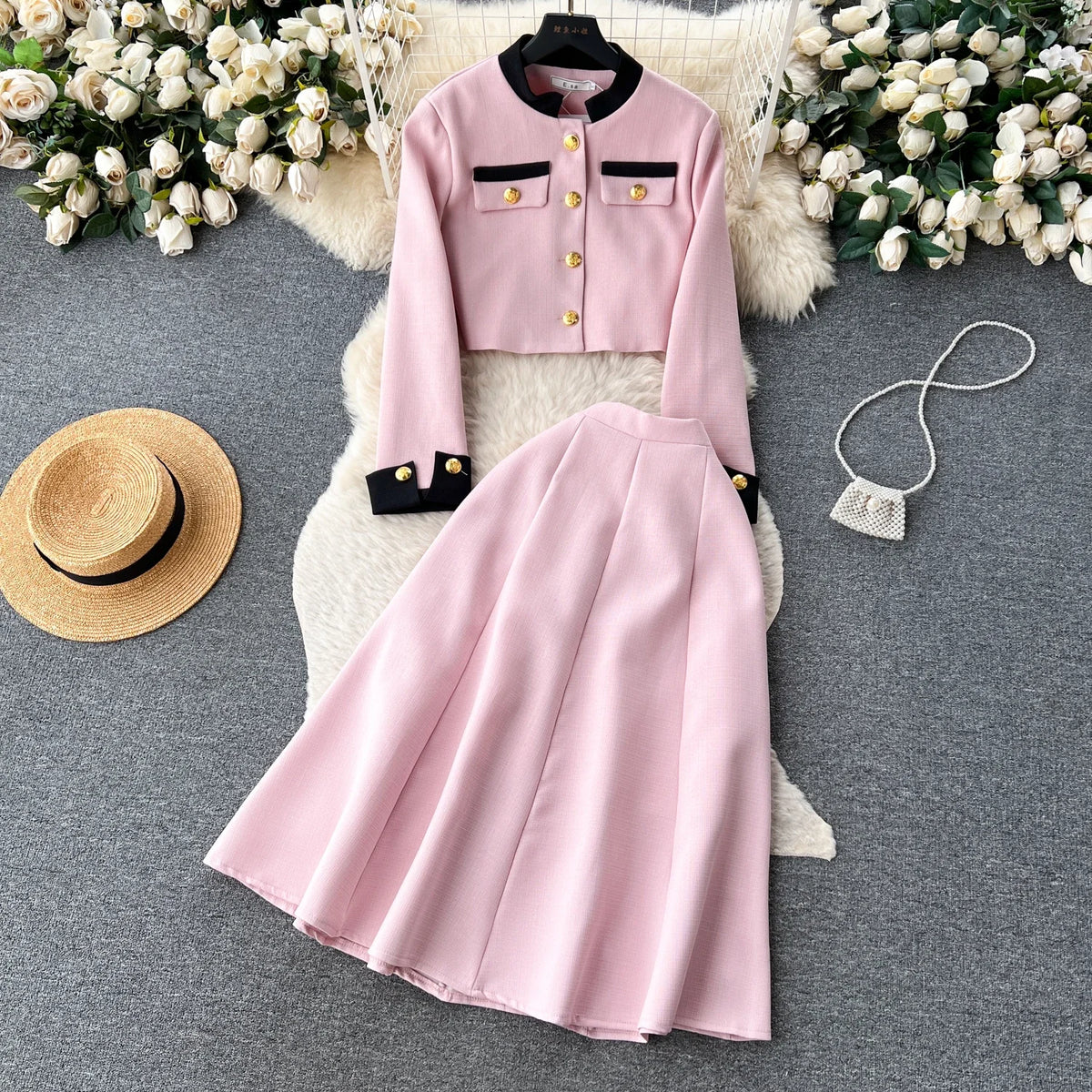 Button-Front Top and Fitted Skirt Set