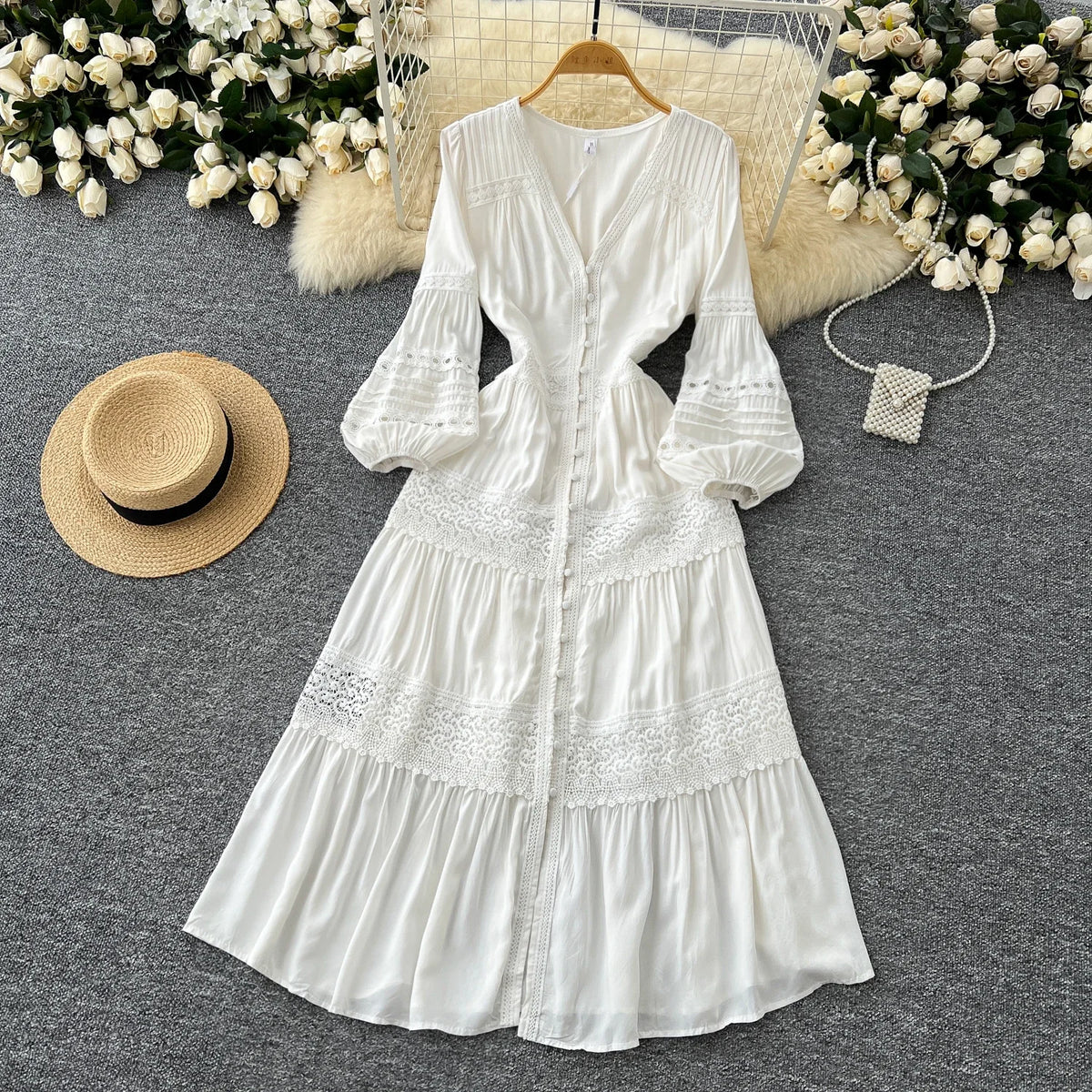 Lace Spliced V-Neck Lantern Sleeve Dress