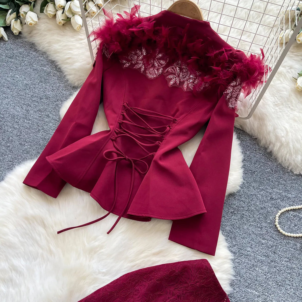 Beaded Feather Lace Jacket and Skirt Set