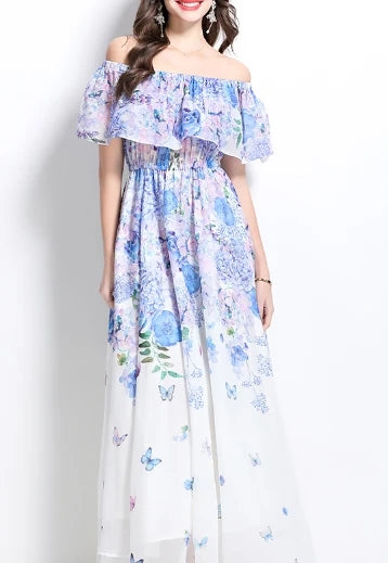 Ruffle Slash Neck Chiffon Print Long Dress