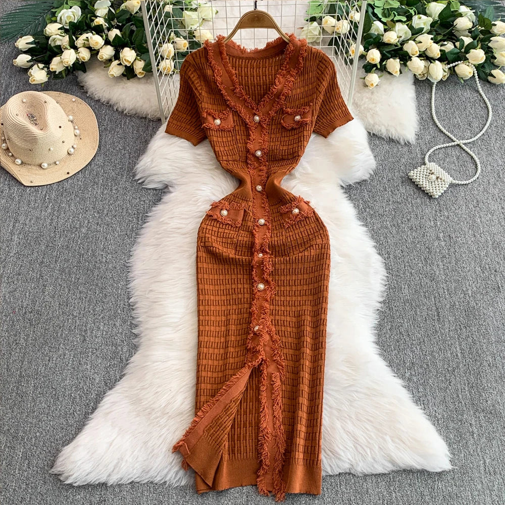 V-Neck Knit Bodycon Maxi Sweater Dress