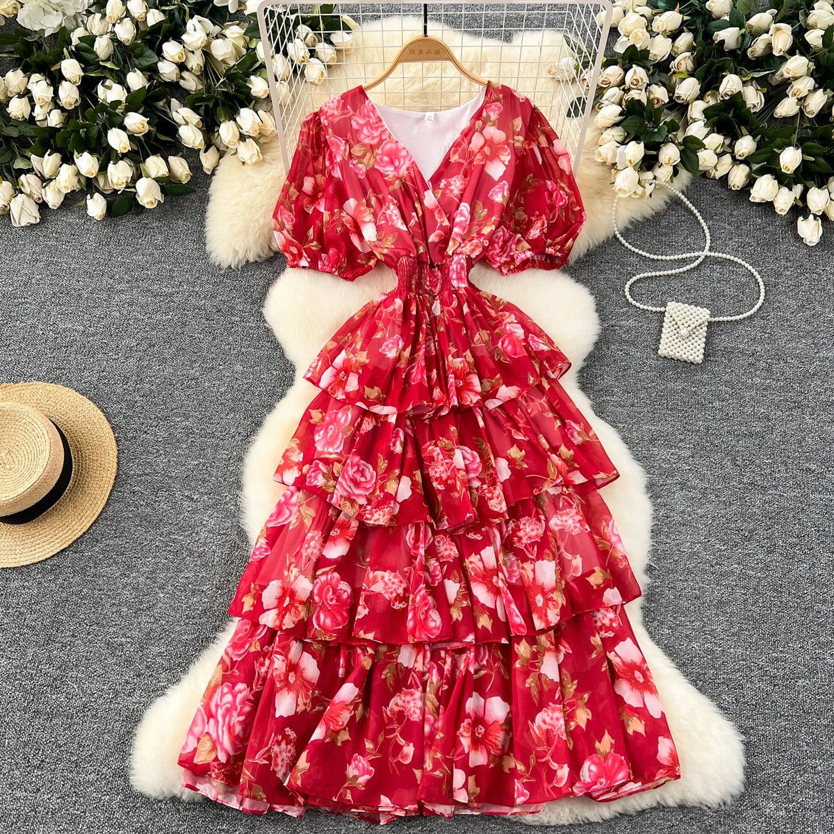 Floral V-Neck Chiffon Resort Dress