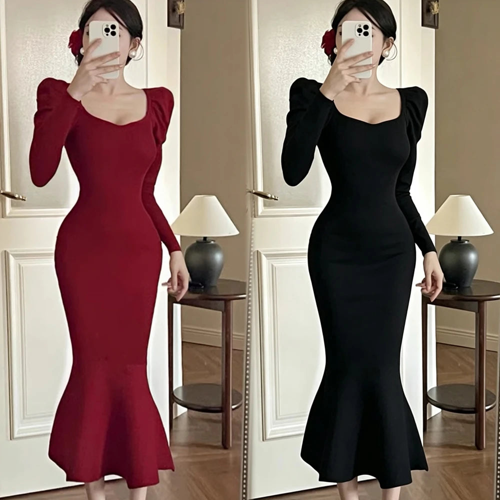 Puff Sleeve Knit Mermaid Maxi Dress
