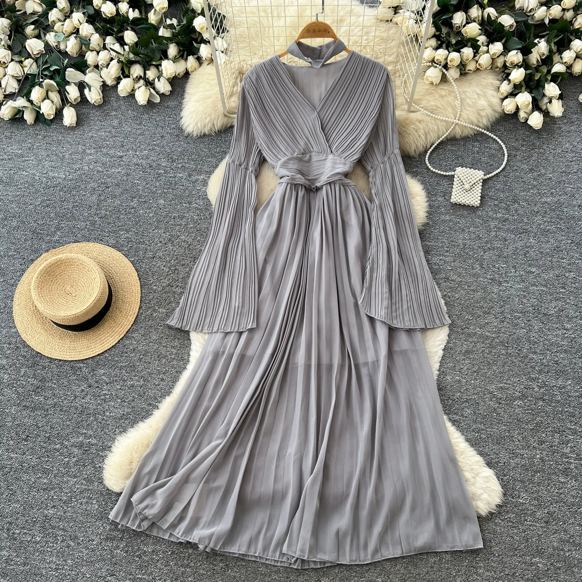Pleated Flare Sleeve Swing Dress