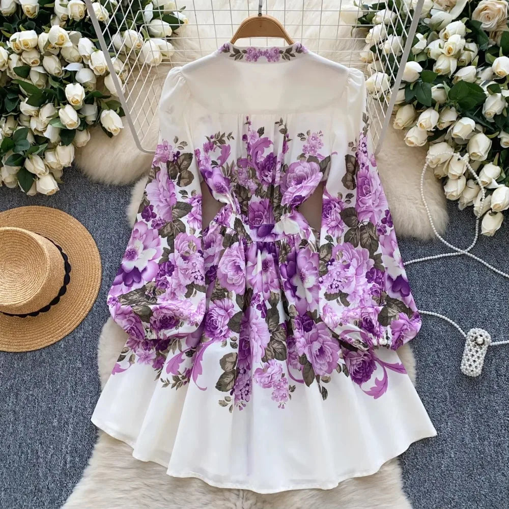 French Print Puff Sleeve Button A-Line Dress