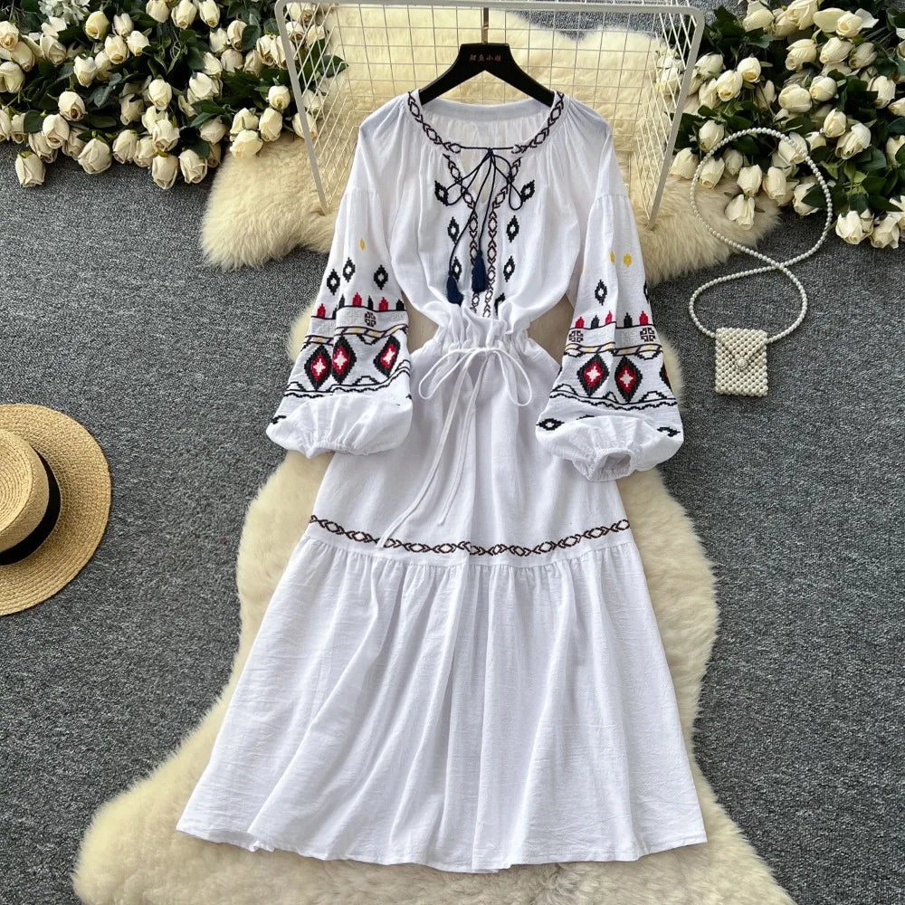Embroidered Ruffle Lace-Up Maxi Dress