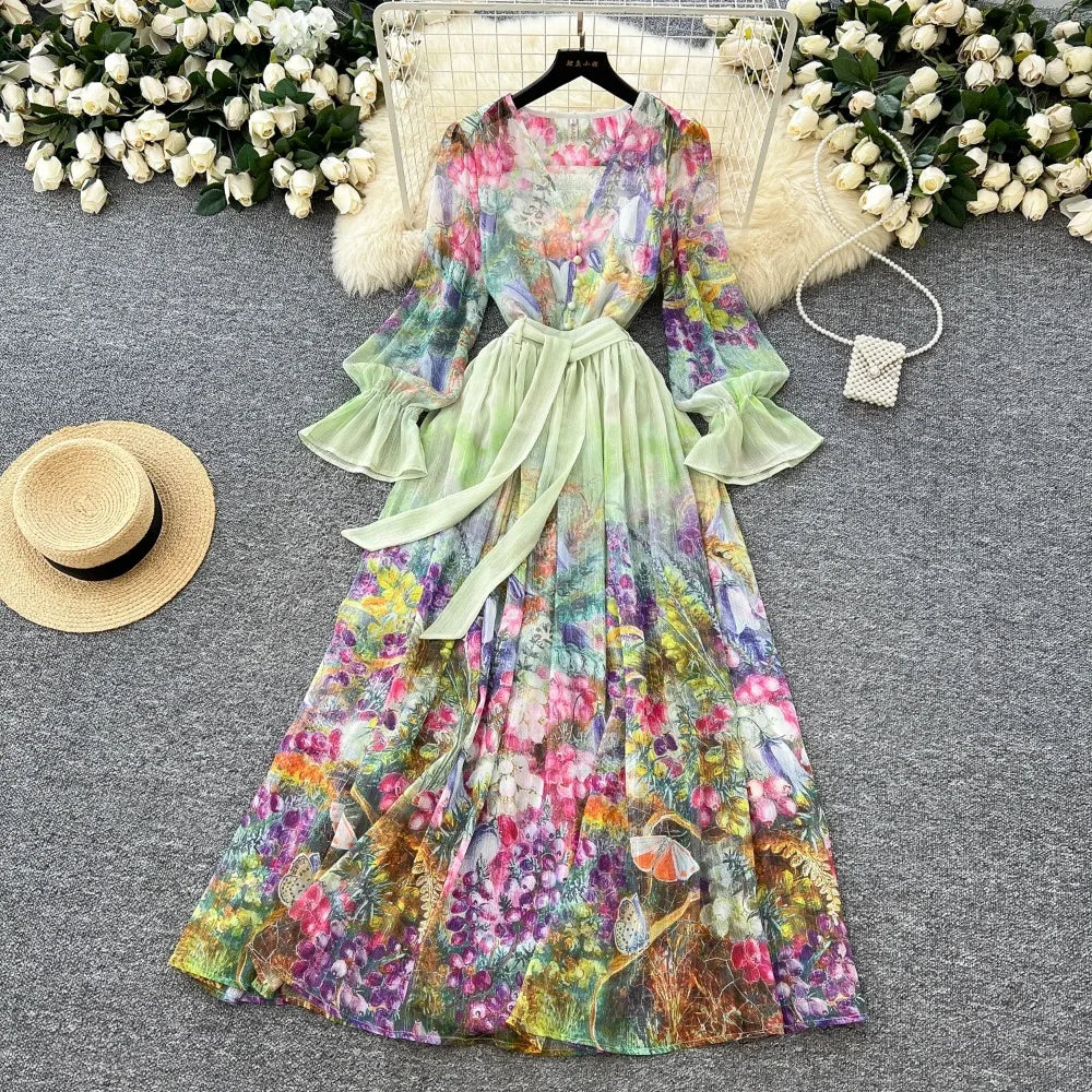 Print Chiffon Flare Sleeve V-Neck Maxi Dress