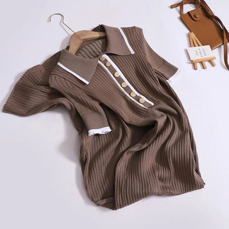 Short Sleeve Button Knit Wrap Maxi Dress