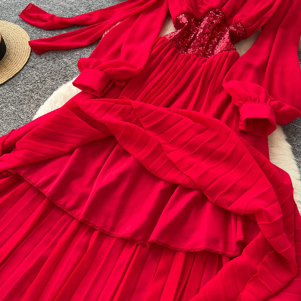 Ribbon Puff Sleeve A-Line Maxi Dress