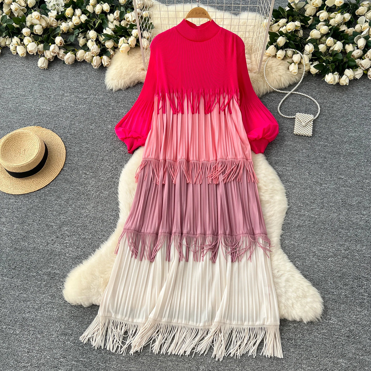 Tassel Patchwork Lantern Sleeve Dress