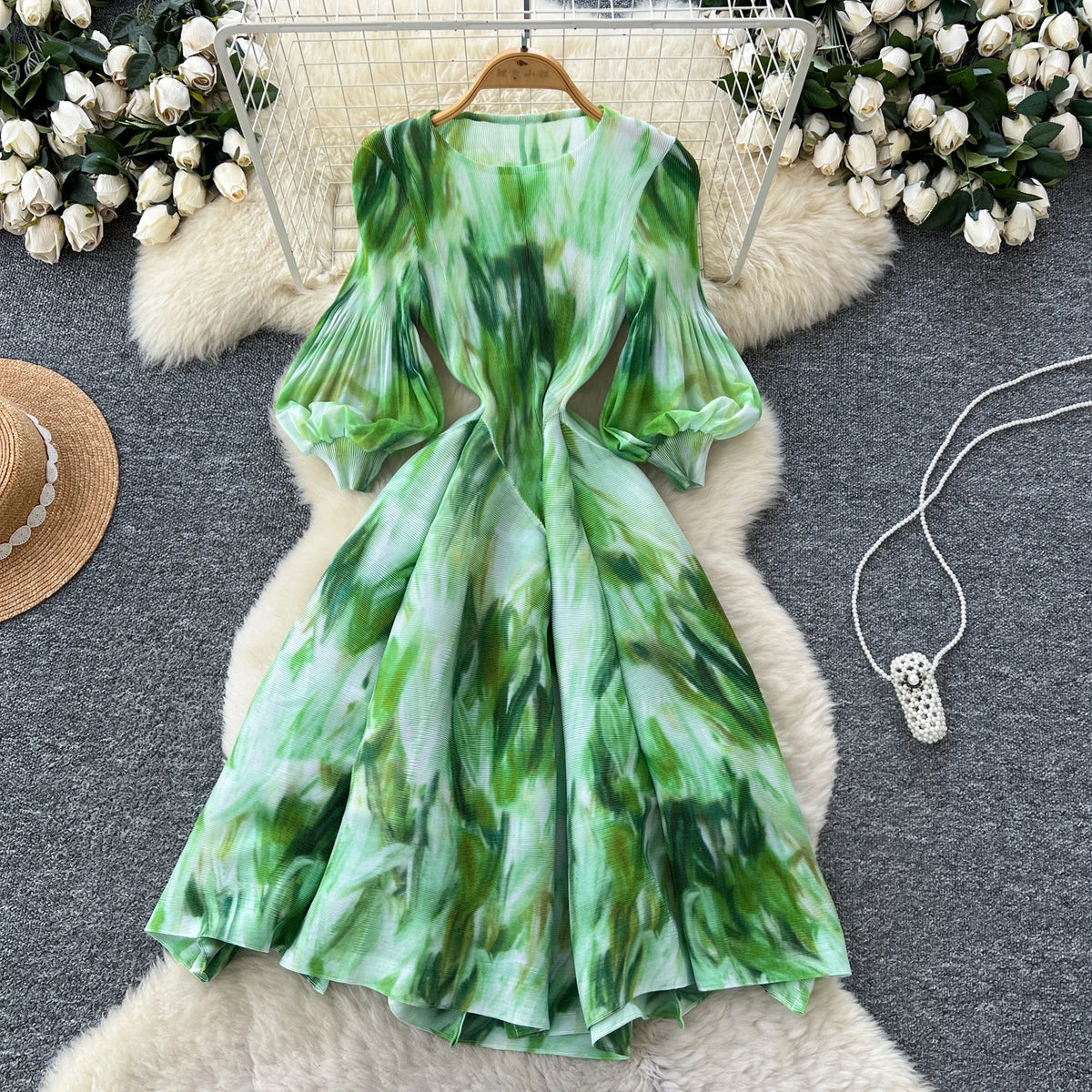 Print Lantern Sleeve High Waist A-Line Dress