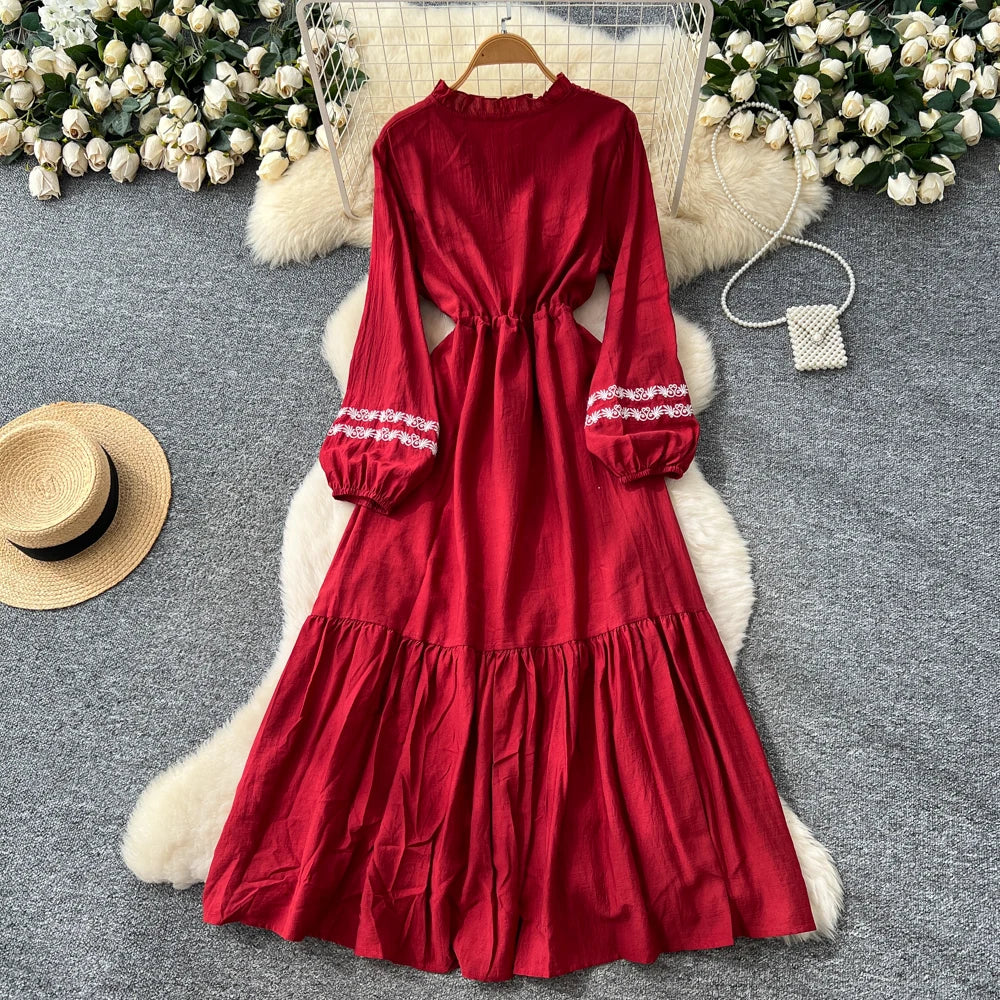 Ruched Lace-Up Long Sleeve A-Line Dress