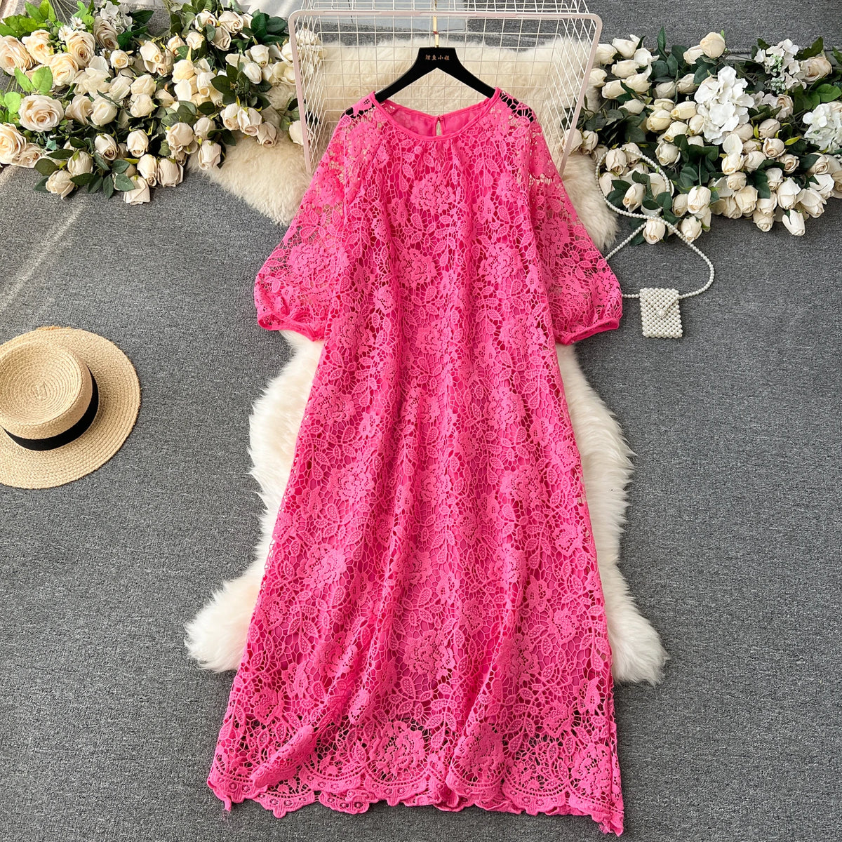 Crochet Lace Chiffon A-Line Dress