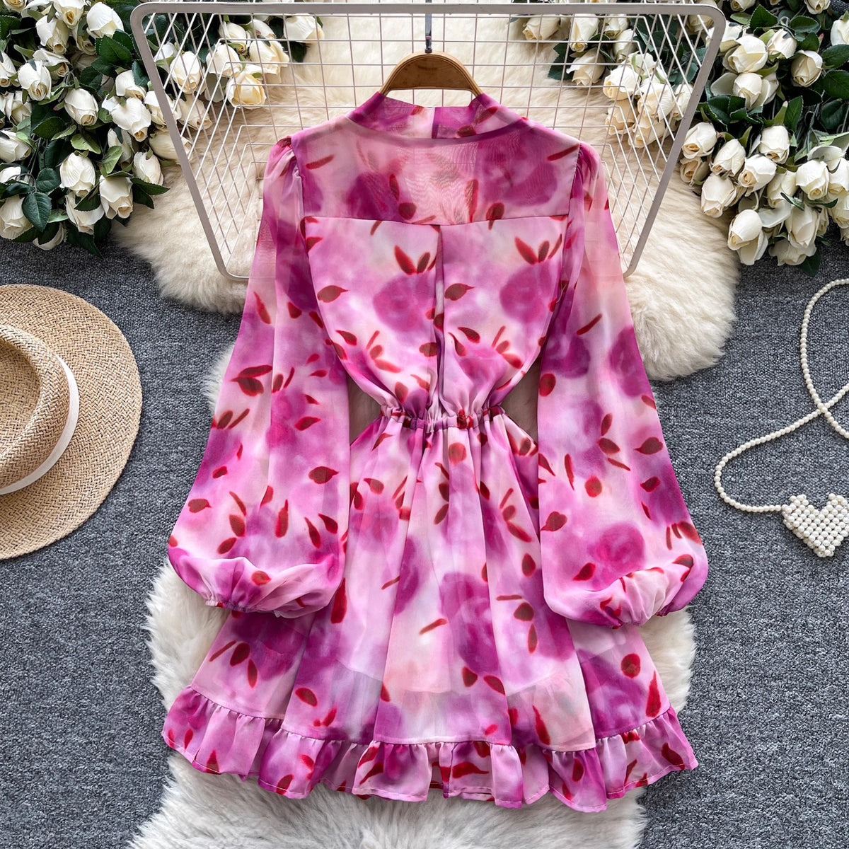 Boho Print Ruched V-Neck Mini Dress
