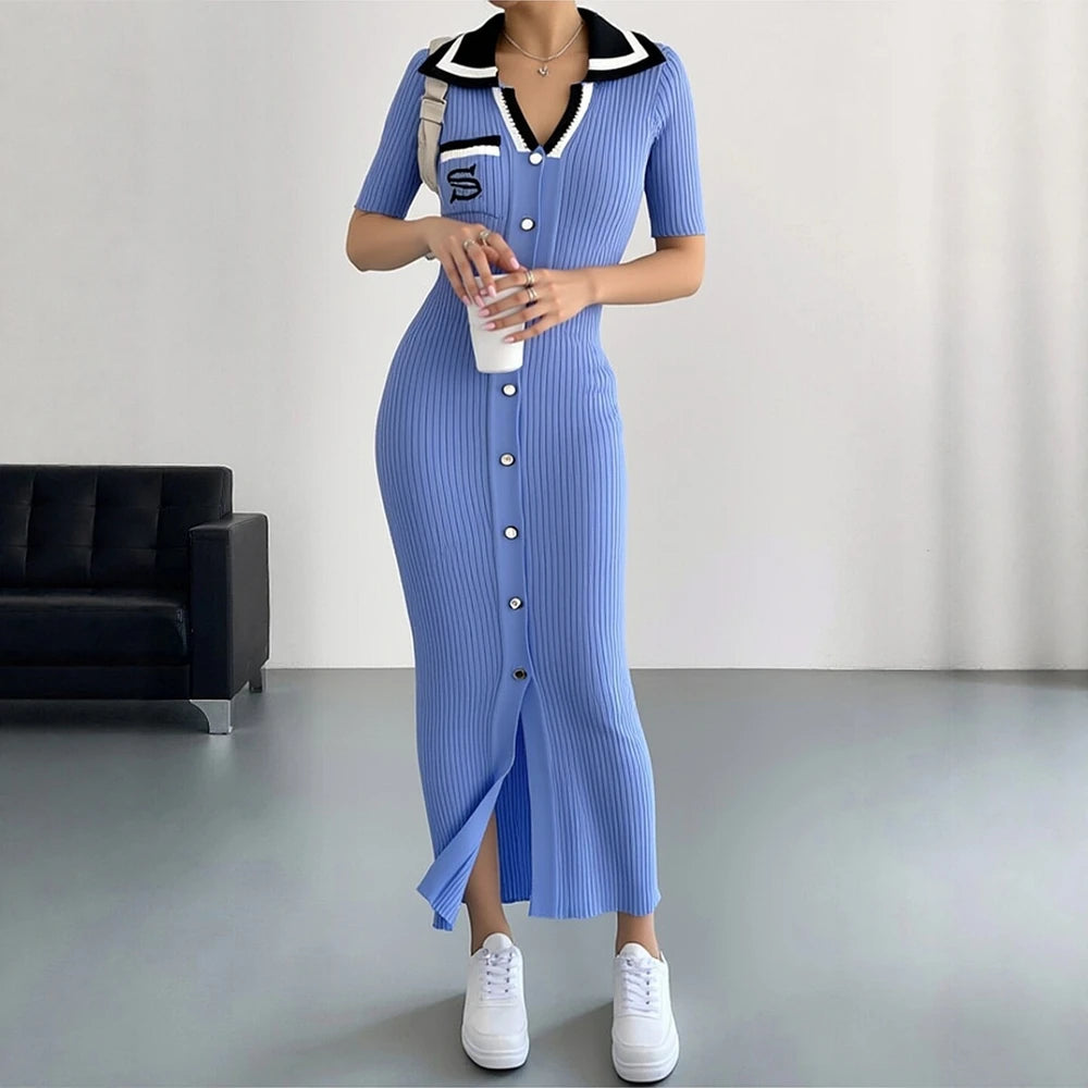 Embroidered Button Front Knit Maxi Shirt Dress