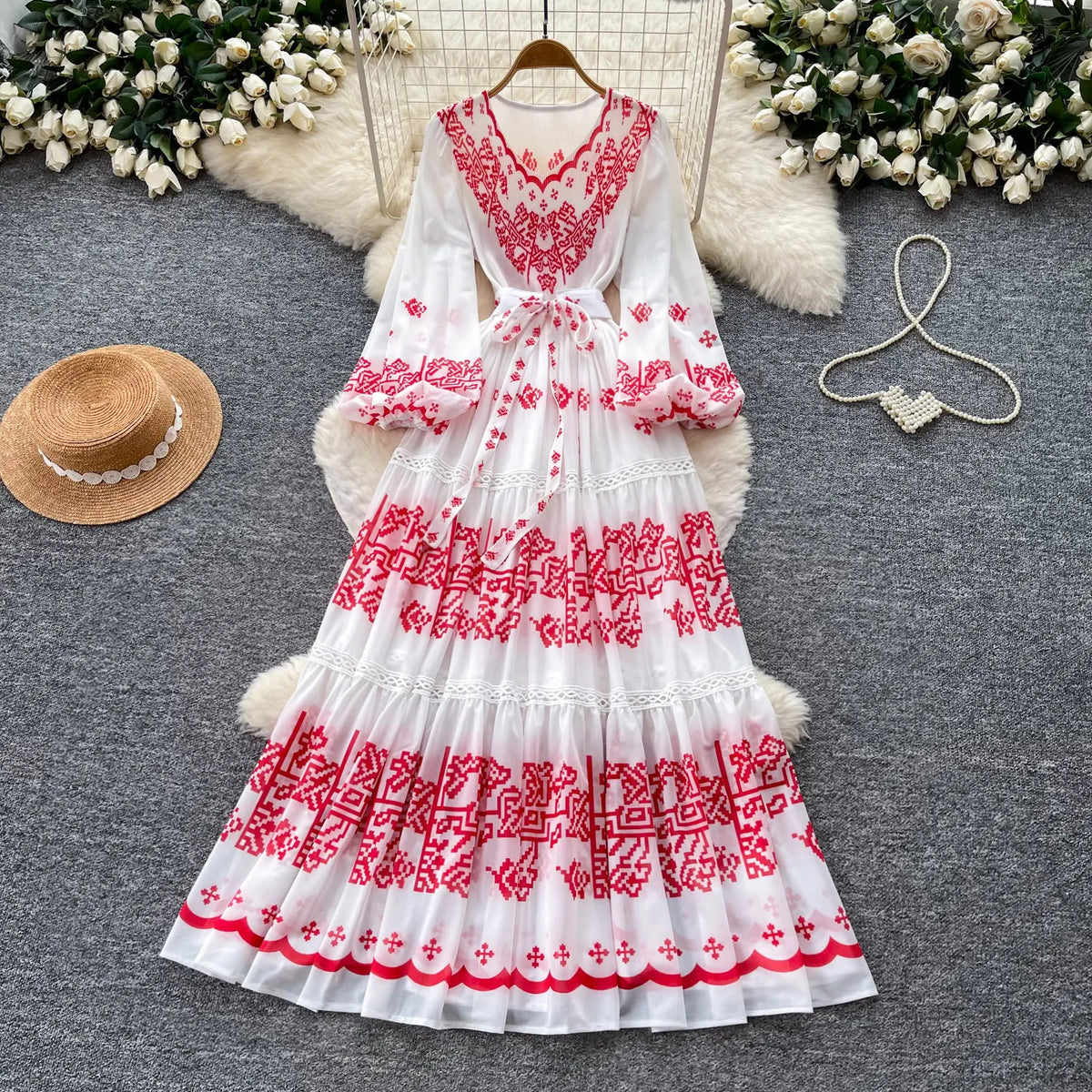 Print Cutout Pleated Swing Maxi Dress
