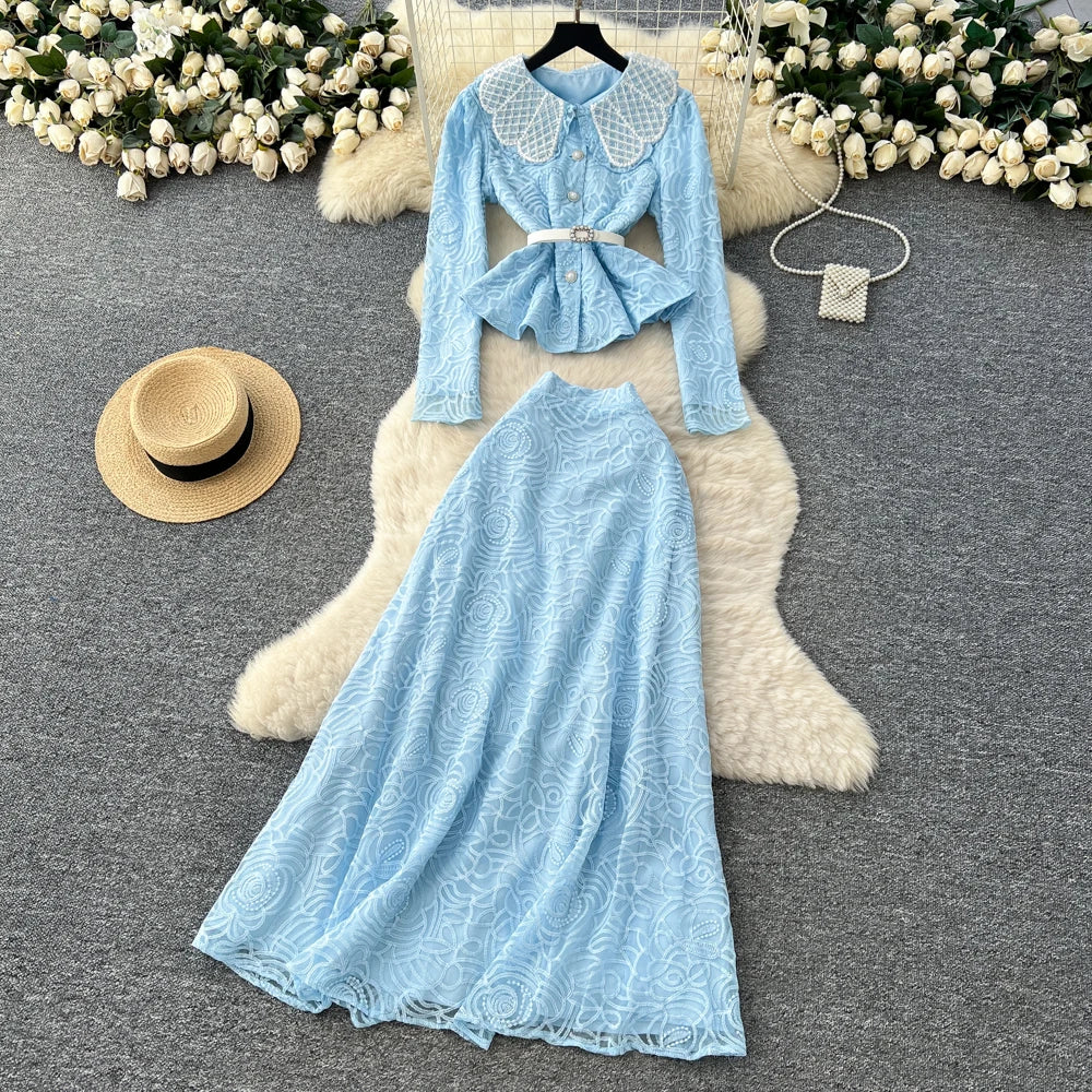Beaded Collar Top and Pleated Skirt Set