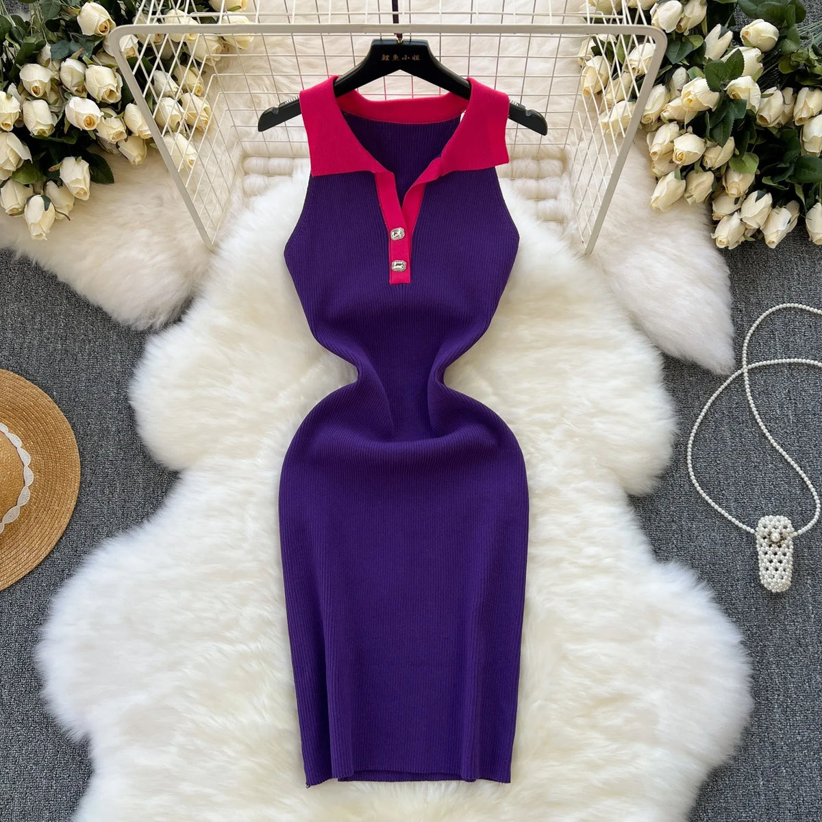 Sleeveless Collared Knit Mini Shirt Dress