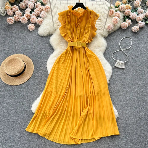 Belted Ruffle Sleeveless A-Line Dress