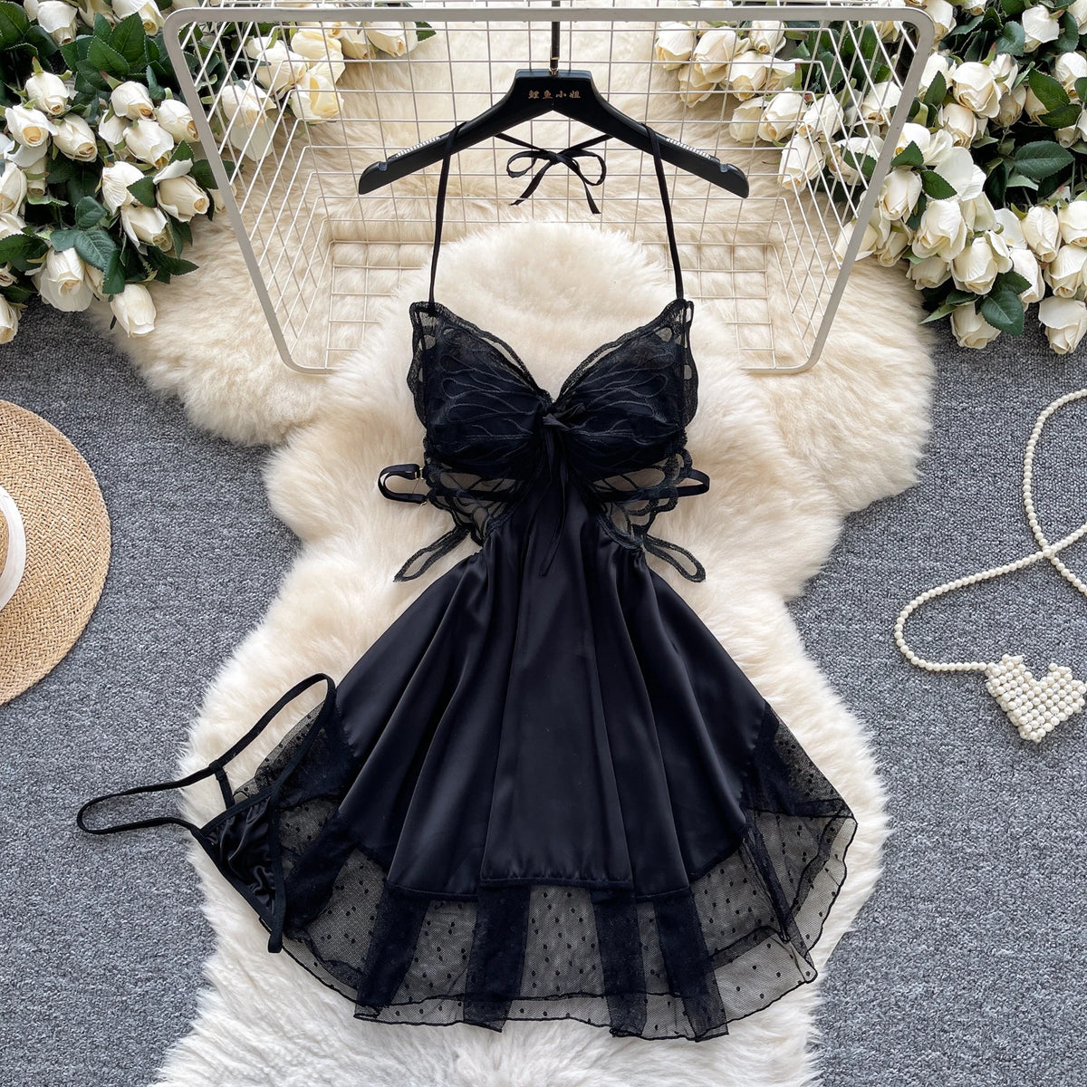 Backless Mesh Panel Mini Dress