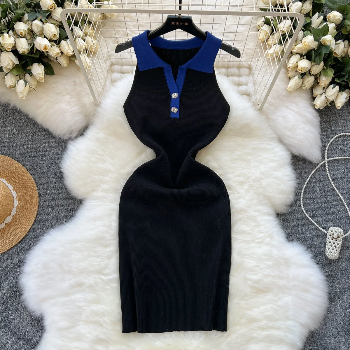 Sleeveless Collared Knit Mini Shirt Dress