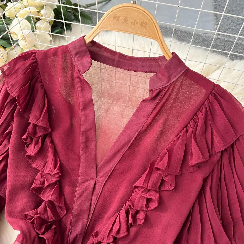 Vintage Ruffle Tiered Flare Sleeve Mini Dress