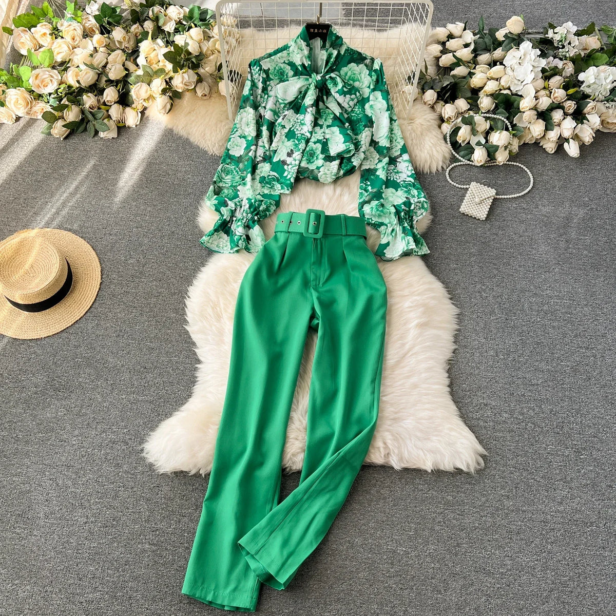 Print Puff Sleeve Blouse and Wide Leg Pants
