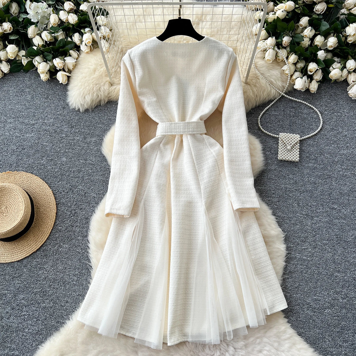 V-Neck Mesh Long Sleeve Party Dress