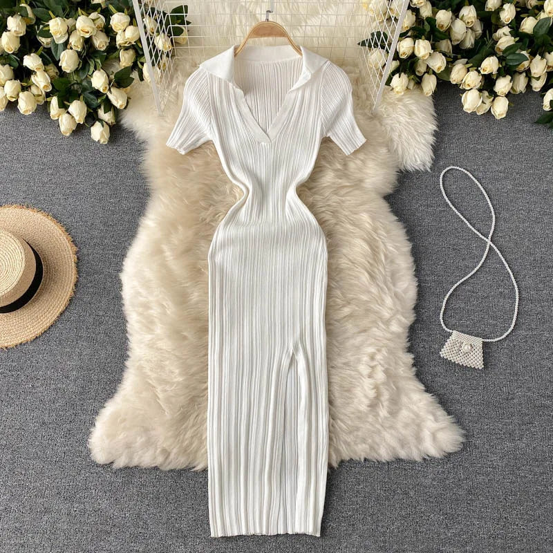 Polo Collar Ribbed Knit Slit Maxi Dress