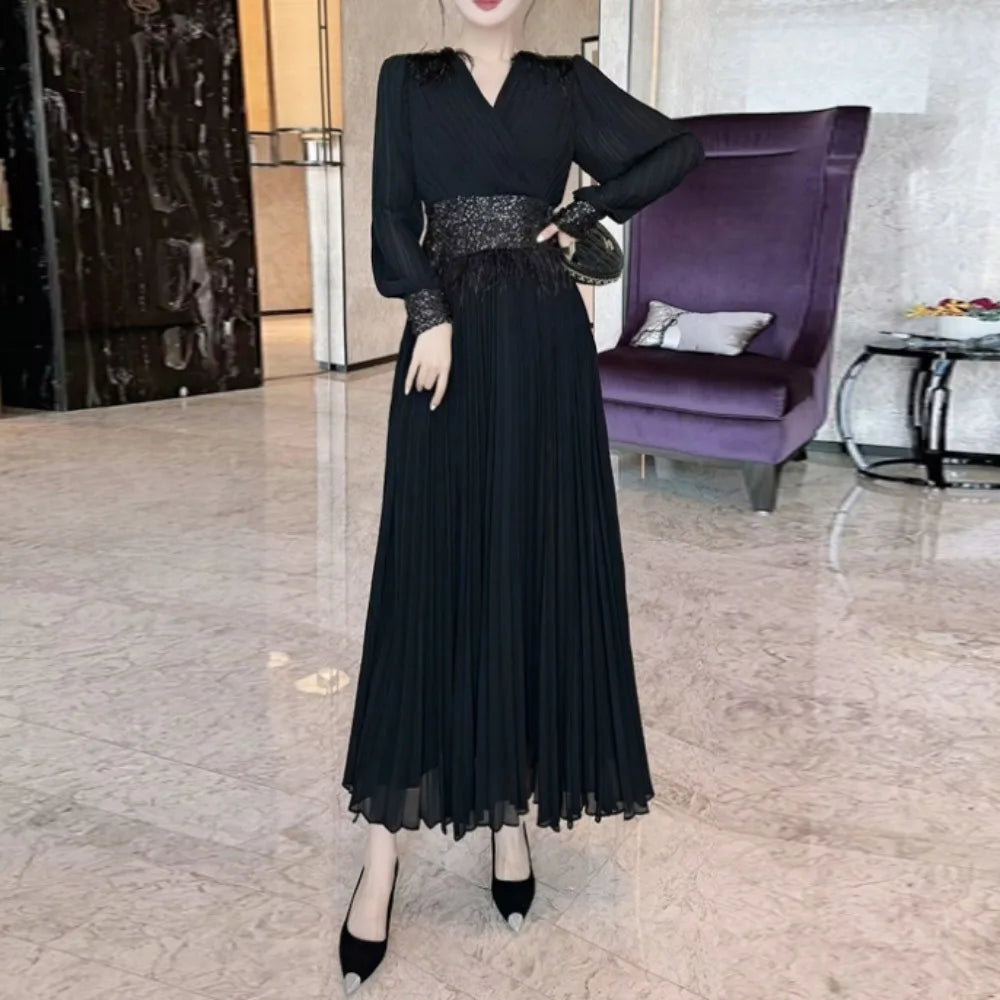 Pleated Embroidered Sequin V-Neck Dress