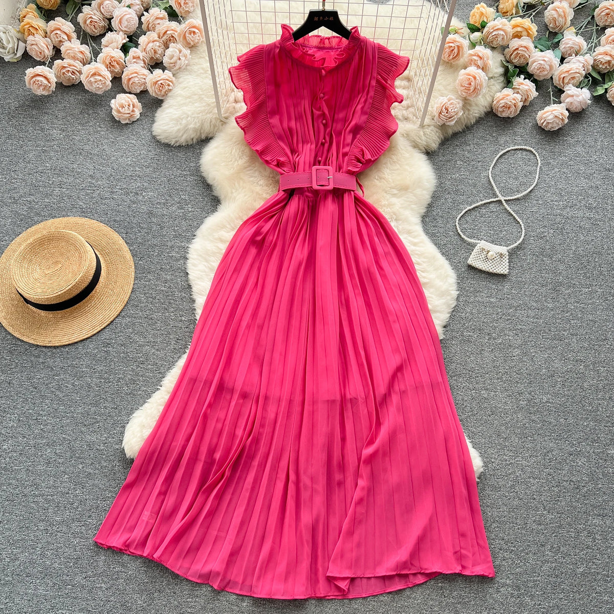 Belted Ruffle Sleeveless A-Line Dress