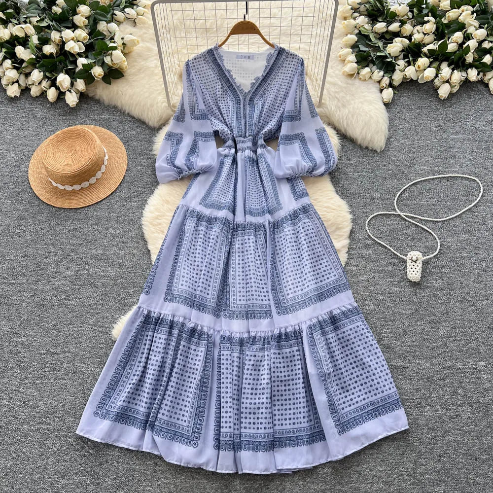 Boho Ruffle Print V-Neck Maxi Dress