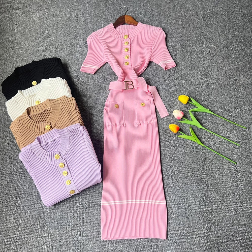 Belted Button Knit Bodycon Sweater Dress