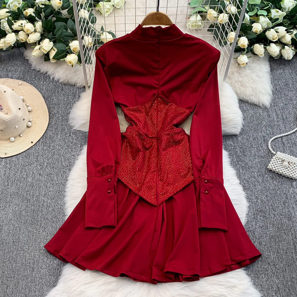 Solid Spliced Long Sleeve Party Dress