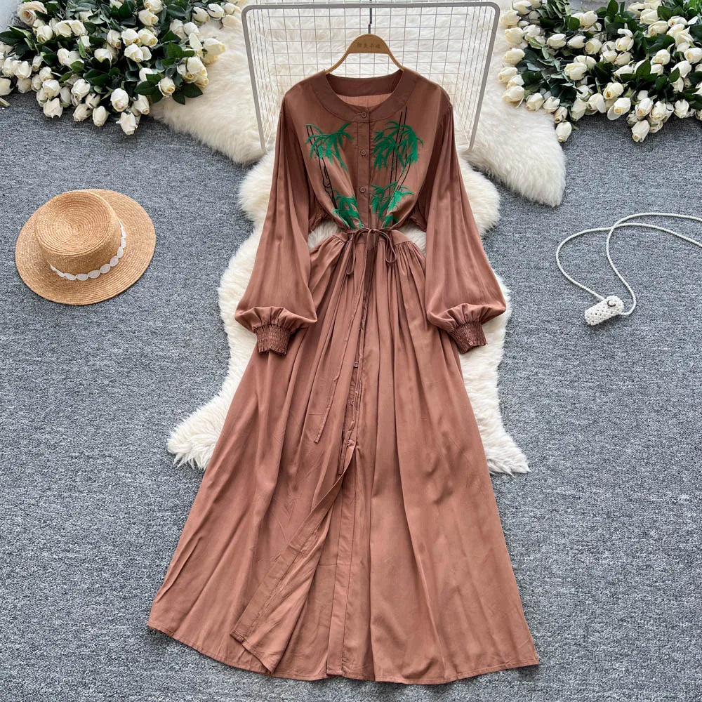 Embroidered Print Button Bodycon Dress