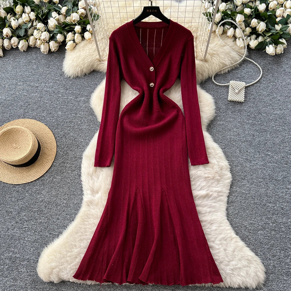 V-Neck Long Sleeve High Waist A-Line Dress