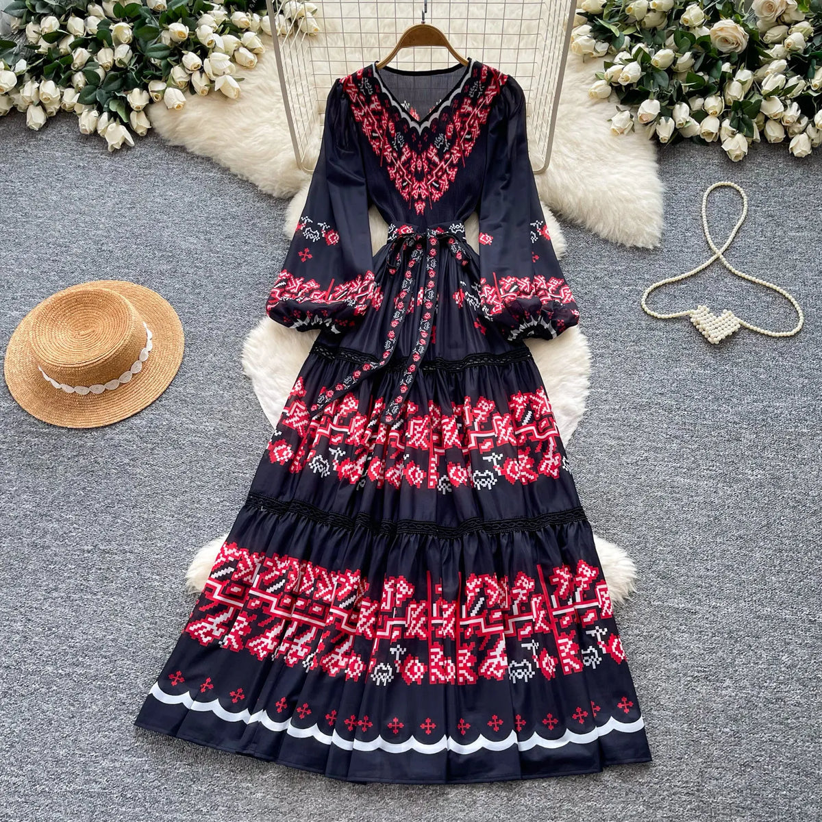 Print Cutout Pleated Swing Maxi Dress