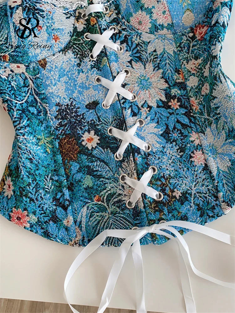 Floral Strapless Lace-Up Corset Top