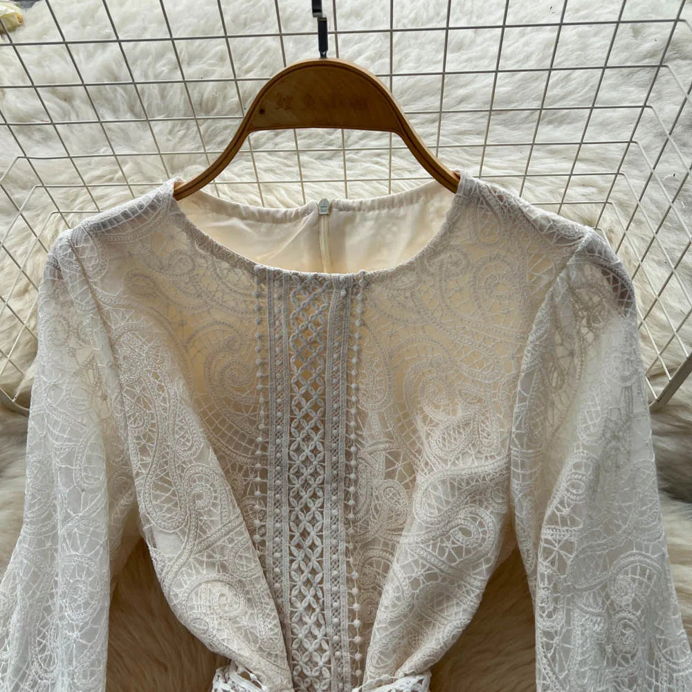 Lace Cutout Ruched Long Sleeve Dress