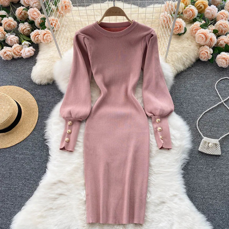 Puff Sleeve Button Knit Bodycon Dress